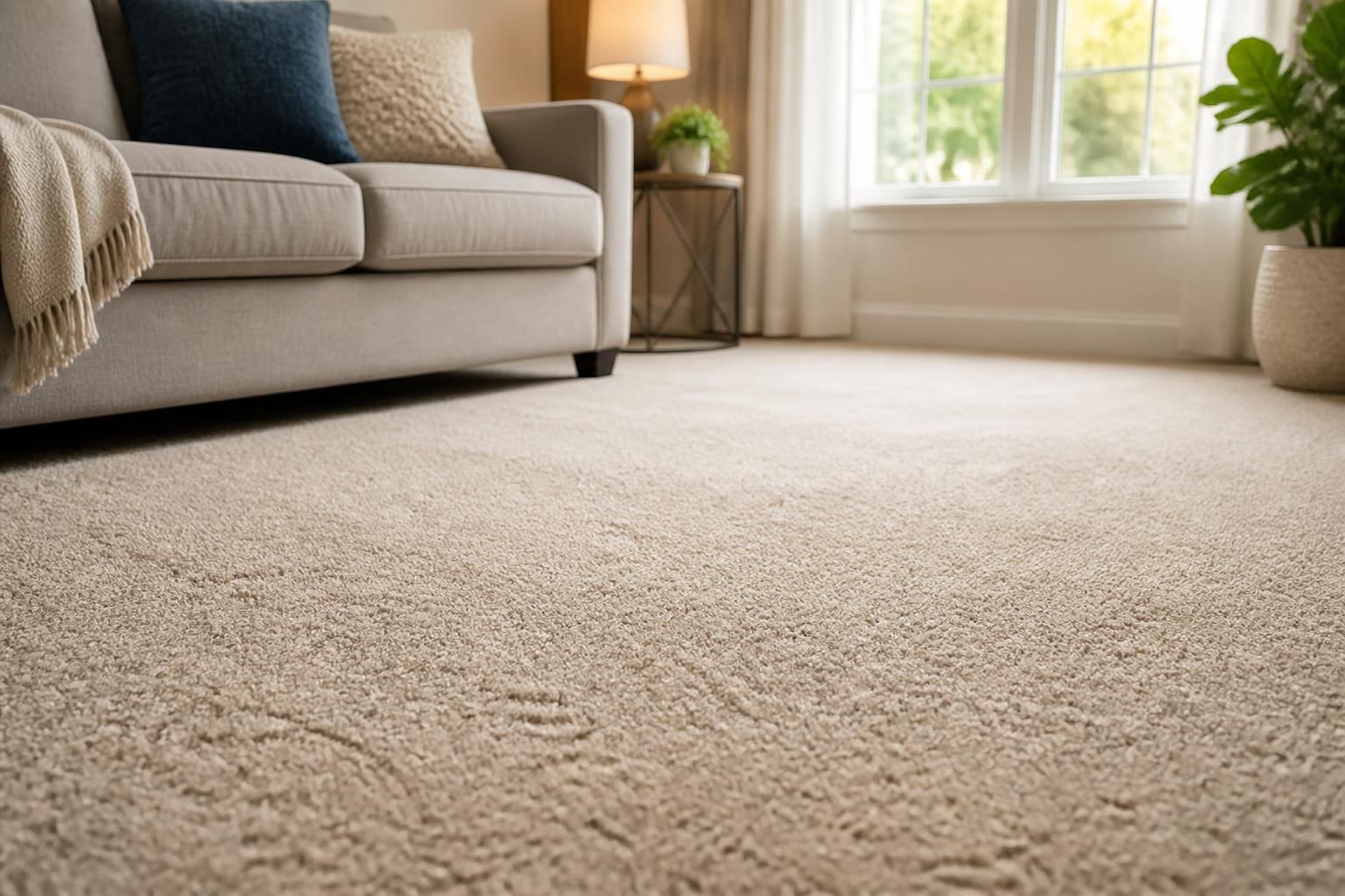 Freshly cleaned carpet with visible texture in a modern living room.