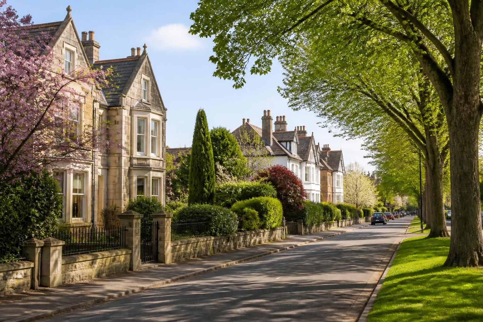 Leafy Charlton Kings street with well-maintained houses.