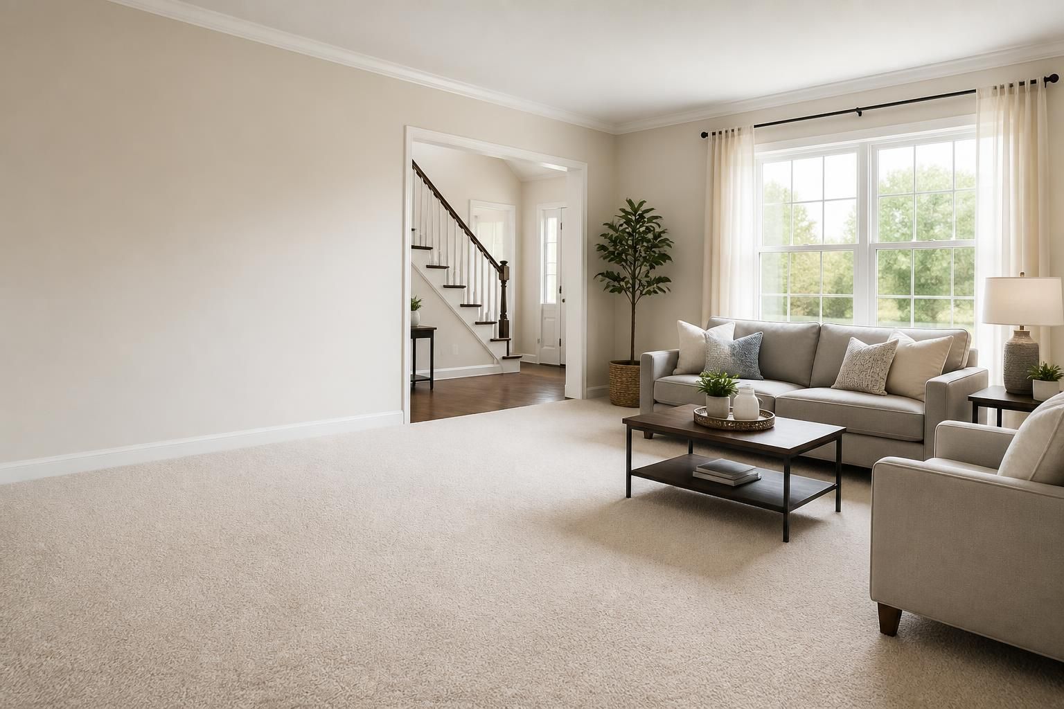Sunlit interior with pristine carpet and open space for text.
