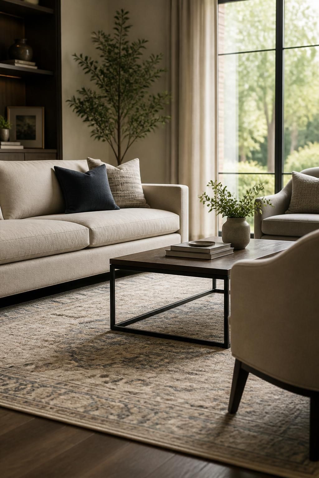 Clean lounge with a freshly cleaned rug and upholstered seating.