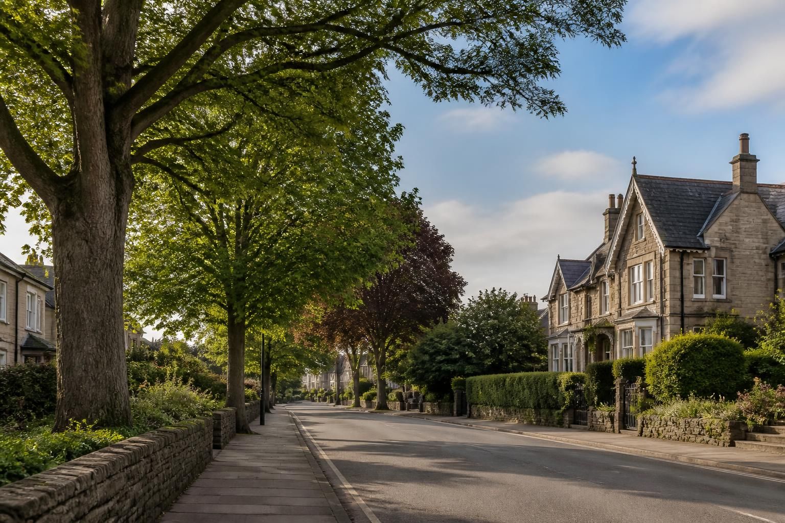 Quiet Leckhampton neighborhood with tasteful homes and mature trees.