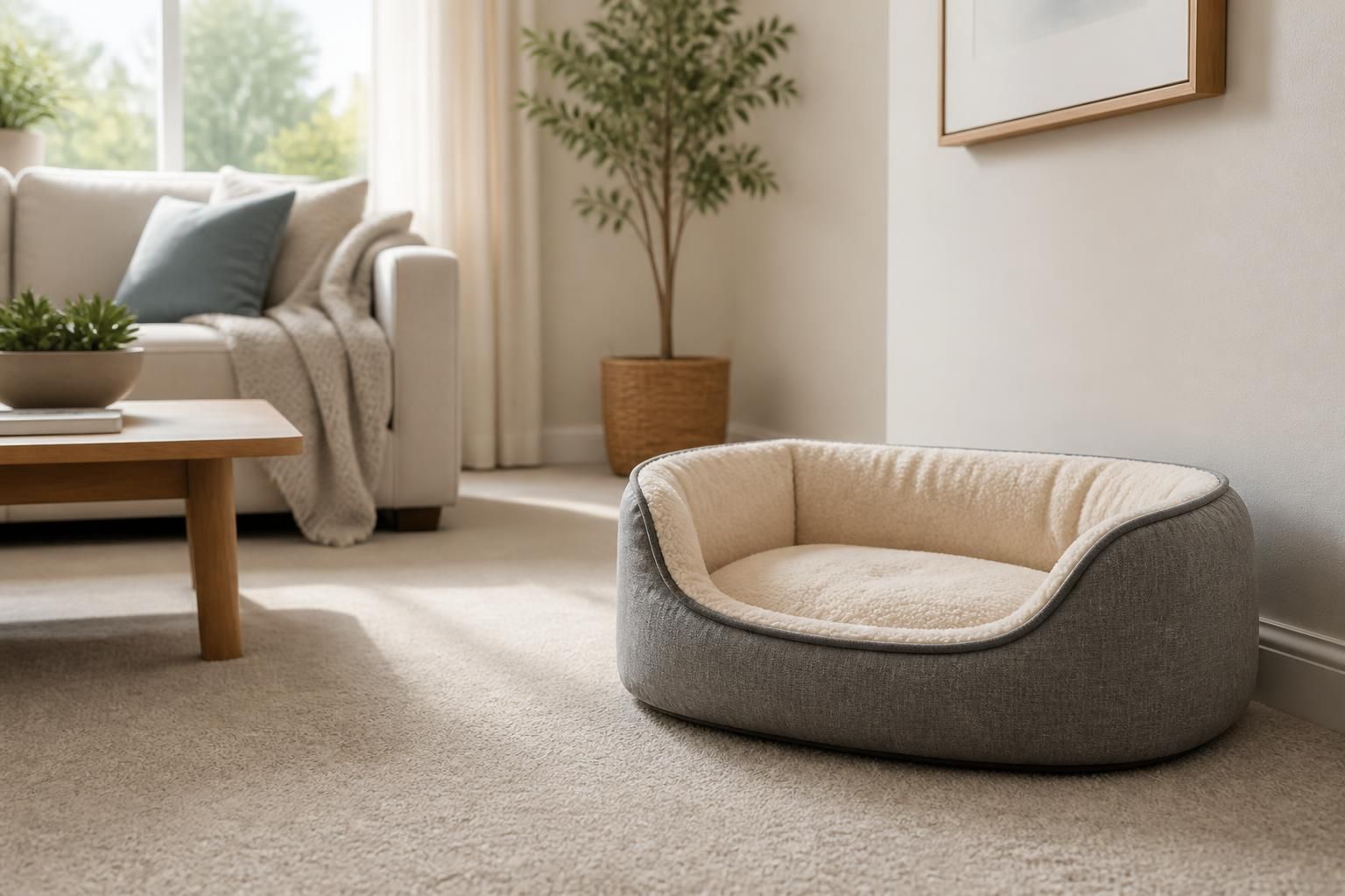 Fresh pet-friendly living room with a spotless carpet and pet bed.